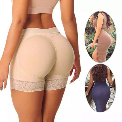 Beige Hip Lifter with Padded Shapers for Natural Curves worn by a person with inset images showing its effect on body shape.