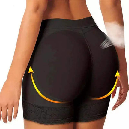 Black Hip Lifter with Padded Shapers  with yellow arrows highlighting a shape on a white background
