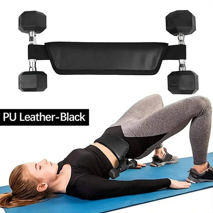 Person using a black Hip Thrust Belt Glute Bridge Pad with dumbbells on a white background