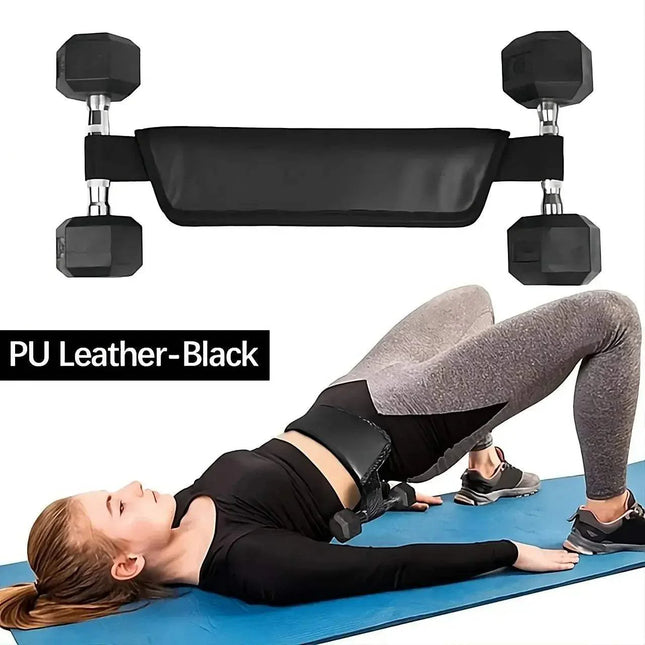 Person using a black Hip Thrust Belt Glute Bridge Pad with dumbbells on a white background