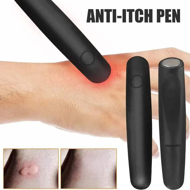 Itch Relief Pen being used on a wrist with close-ups of skin irritation.
