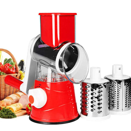 Red Manual Kitchen Machine Rubbing Grinding Shredder Machine for Easy Prep with three different attachments on a white background.