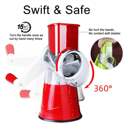 Red manual Kitchen Machine Rubbing Grinding Shredder Machine with features highlighted on a white background