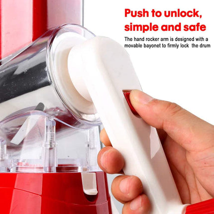 Red and white Kitchen Machine Rubbing Grinding Shredder Machine with a hand unlocking the lid, text indicating 'Push to unlock, simple and safe'.