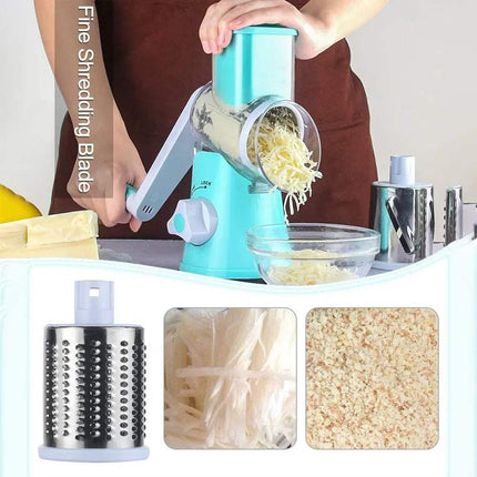 Person using a turquoise manual Kitchen Machine Rubbing Grinding Shredder Machine with shredded cheese, surrounded by ingredients and tools.