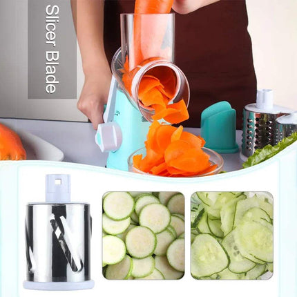Kitchen Machine Rubbing Grinding Shredder Machine being used to slice carrots with additional images of sliced vegetables.