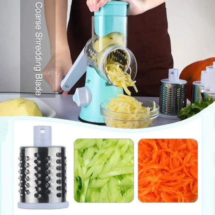 Kitchen Machine Rubbing Grinding Shredder Machine with shredding blades and shredded vegetables on a white background