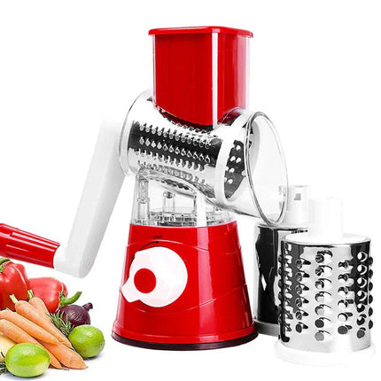 Red manual rotary Kitchen Machine Rubbing Grinding Shredder Machine with accessories on a white background