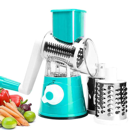 Turquoise manual Kitchen Machine Rubbing Grinding Shredder Machine with accessories on a white background
