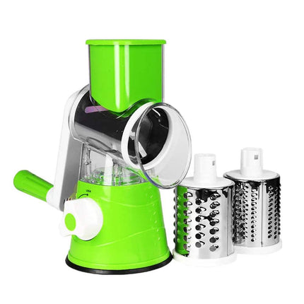 Green manual rotary Kitchen Machine Rubbing Grinding Shredder Machine with additional grating drums on a white background