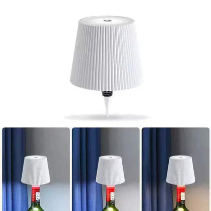 White pleated LED Bottle Table Lamp   on a white background with three additional views of the lampshade on bottles.