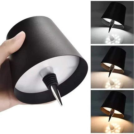 Black LED Bottle Table Lamp with Dimmable Warm Lighting held by a hand with additional images of the lampshade in use.