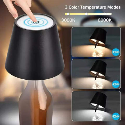 Black LED Bottle Table Lamp  with touch control and color temperature modes displayed.