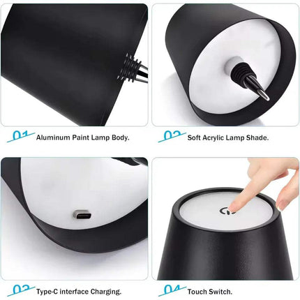 Collage of a black LED Bottle Table Lamp   with features highlighted, including aluminum paint body, soft acrylic shade, Type-C charging, and touch switch.