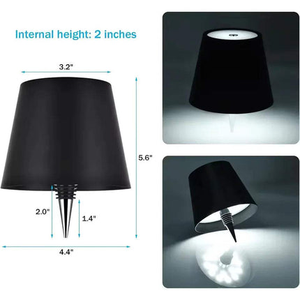 Black LED Bottle Table Lamp   with measurements and light emission shown on a white background