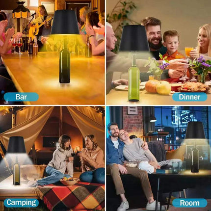 Collage of a LED Bottle Table Lamp   with different settings including bar, dinner, camping, and room.