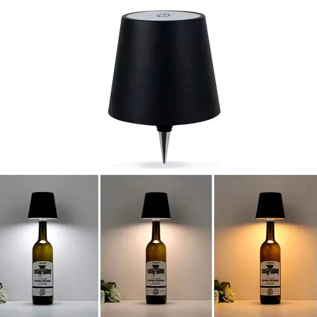 Black LED Bottle Table Lamp   on a bottle with light output shown in different settings.