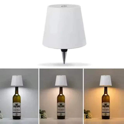 Collage of a LED Bottle Table Lamp   from a wine bottle with a white shade, shown in different lighting conditions.