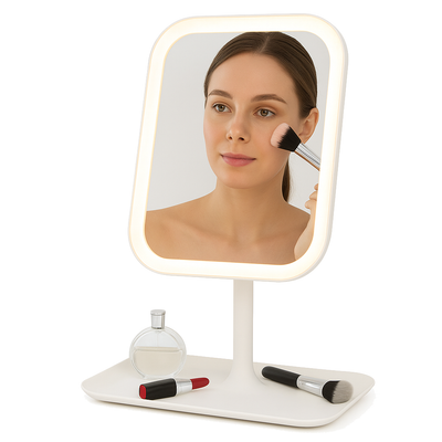 LED Makeup Mirror with lighted edge, tray, and makeup items on a white background