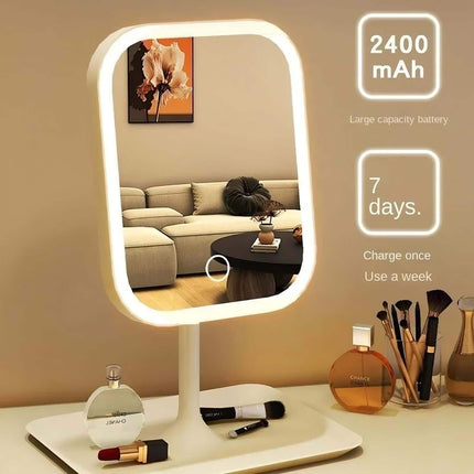 LED Makeup Mirror on a table with cosmetic items, battery information displayed.