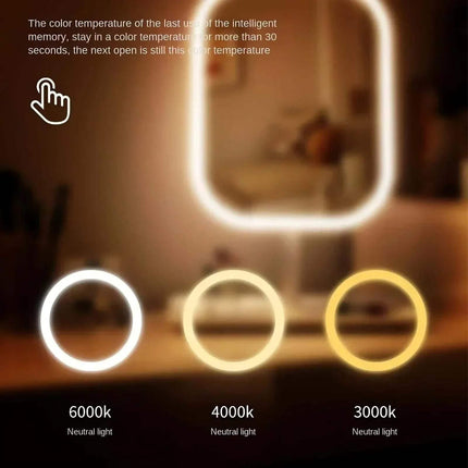 LED Makeup Mirror. Lighting color temperature options displayed on a blurred background of a bathroom.
