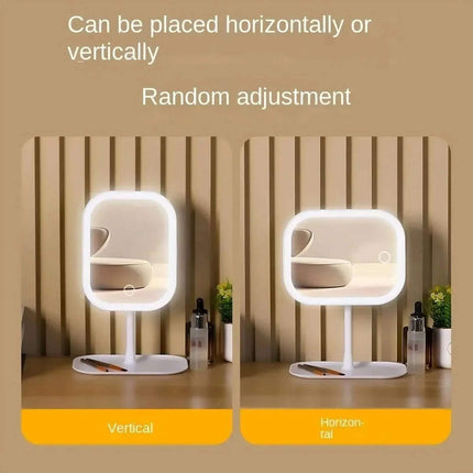 LED Makeup Mirror showing vertical and horizontal placement on a wooden surface with a beige background.