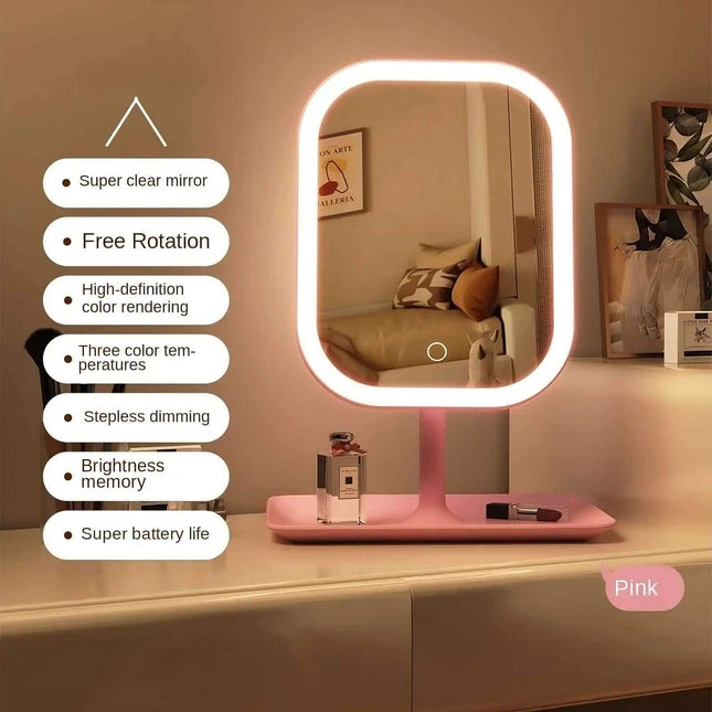 LED Makeup Mirror on a shelf, surrounded by decorative items.