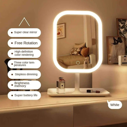 LED Makeup Mirror on a countertop, featuring text highlights of mirror features.