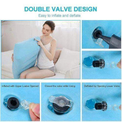 Leg Elevation Pillow showing how to inflate and deflate for Better Circulation & Comfort