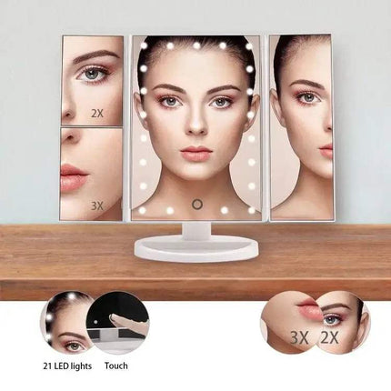 Lighting Makeup Mirror with LED lights and zoom options on a wooden surface.