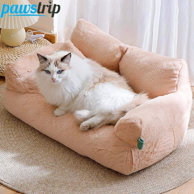 Luxury Cat Plush Bed Cat lounging on a plush pink pet bed with 'pawstrip' branding.