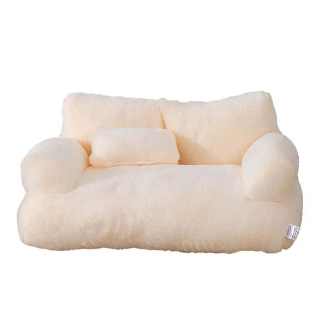 Luxury Cat Plush Bed Cream-colored pet sofa with soft texture on a white background