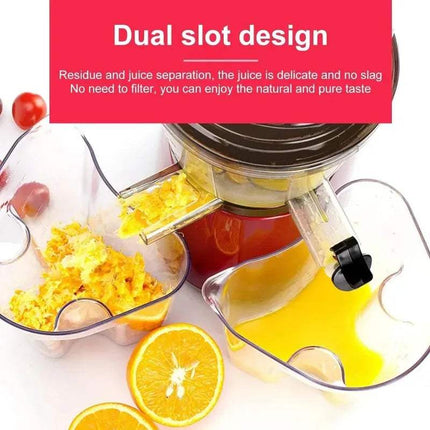 Masticating Juicer Machine with dual slot design, showing juice separation and no residue, on a white background.