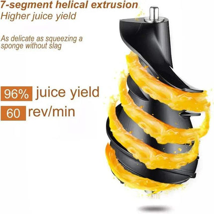 Masticating Juicer Machine 7-segment helical extrusion with juice yield text on a white background