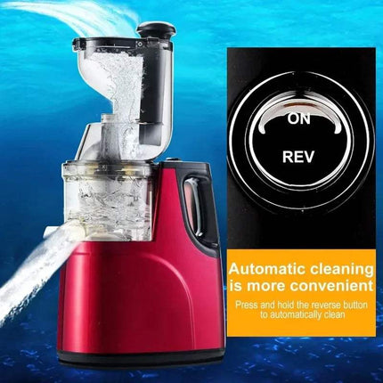 Masticating Juicer Machine with water flowing out on a blue background, featuring an automatic cleaning feature.