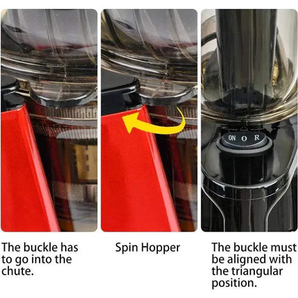 Instructions on how to use a Masticating Juicer Machine with a red buckle, showing alignment and placement.