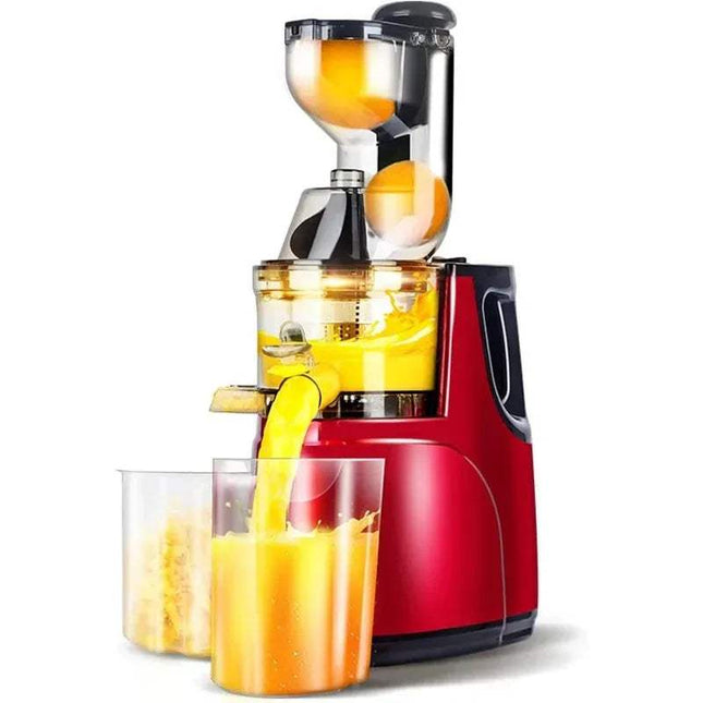 Red Masticating Juicer Machine with a glass of orange juice on a white background