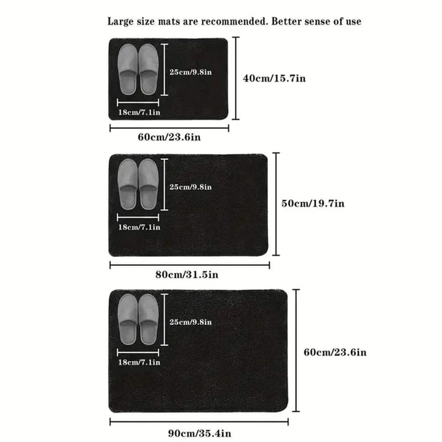 Memory Foam Bathroom Mat. Black slippers with measurements on a white background