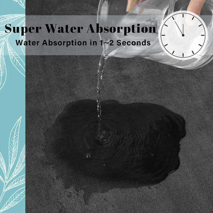 Memory Foam Bathroom Mat. Black yarn being soaked with water from a glass container, with text 'Super Water Absorption' and 'Water Absorption in 1~2 Seconds'.