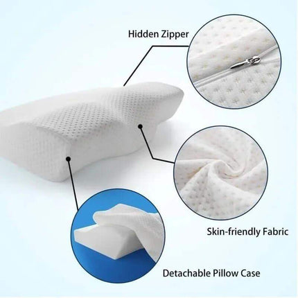 Memory Foam Neck Pillow with features highlighted on a light blue background