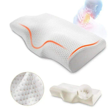White Memory Foam Neck Pillow for Ultimate Sleep Comfort with orange accents on a white background