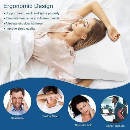 Woman lying on a Memory Foam Neck Pillow with ergonomic design benefits highlighted, including缓解头痛、浅睡眠、肩酸和脊柱压力。