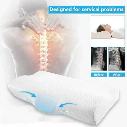 Memory Foam Neck Pillow with images showing its effect on neck health.