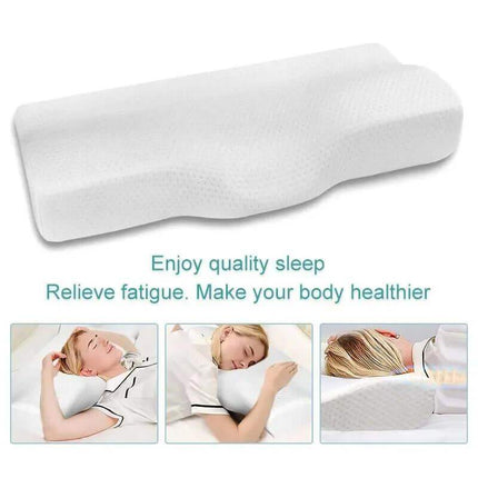 Memory Foam Neck Pillow with text 'Enjoy quality sleep, Relieve fatigue, Make your body healthier' and images of people using it.