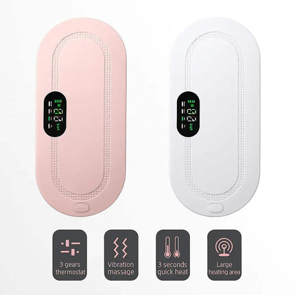 Menstrual Relief Heating Belt, one pink and one white, with digital displays on a white background.