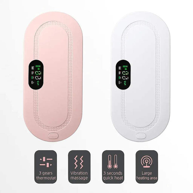 Menstrual Relief Heating Belt, one pink and one white, with digital displays on a white background.