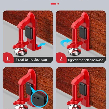 Metal Door Lock Alarm Step-by-step installation guide for a red door lock device on a wooden door.