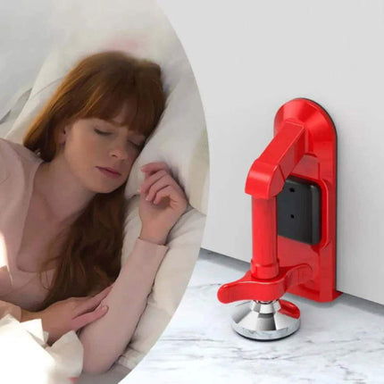 Metal Door Lock Alarm attached to a white door and a photo of a woman sleeping safely in bed  