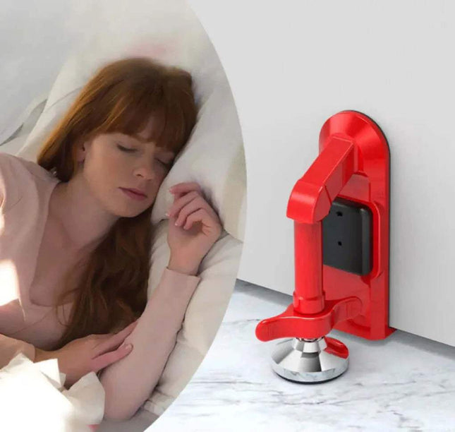 Metal Door Lock Alarm attached to a white door and a photo of a woman sleeping safely in bed  