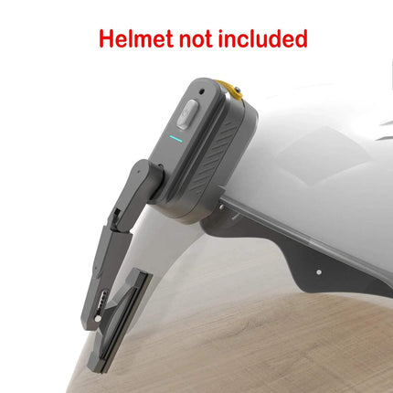 Helmet with mounted Motorcycle Helmet Wiper with 'Helmet not included' text.